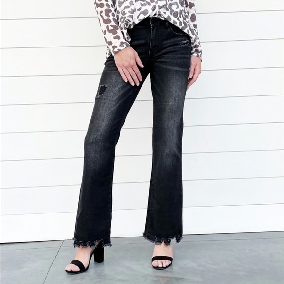 CLEARANCE Veronica Black Distressed Hem Boot Cut Jeans - Picture 1 of 16